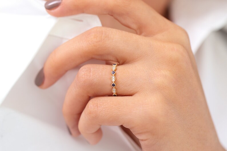 14k Gold Art Deco Sapphire and Diamond Half Eternity Womens Wedding Ring / Stackable Sapphire Diamond Ring / September Birthstone Ring