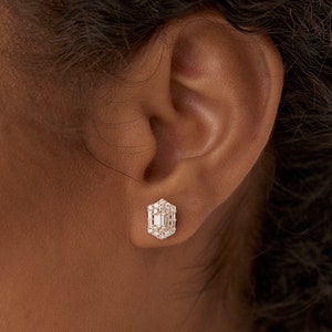 Baguette Earrings / 14k Baguette Diamond Hexagon Studs / Trendy Showy Diamond Stud Earrings by Ferkos Fine Jewelry / Memorial Day Sale