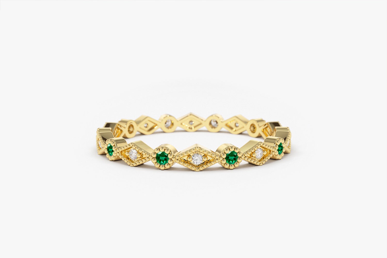 Emerald and Diamond Eternity Ring / 14k Gold Art Deco Emerald and Dia…