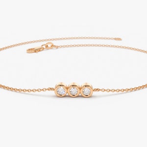 14k Rose Solid Gold  bezel setting Trio Diamond Bracelet