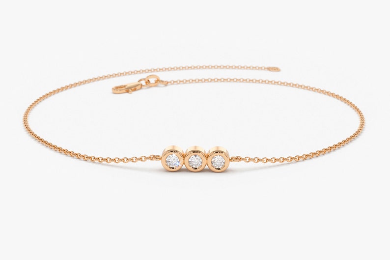 14k Rose Solid Gold  bezel setting Trio Diamond Bracelet