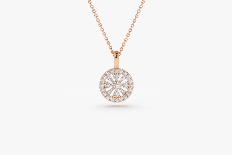 14K Rose Baguette and Round Diamond Charm Necklace