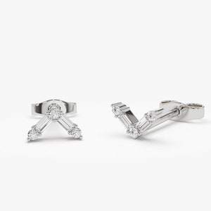 14k White Gold Baguette and Round Diamond Dainty Earrings