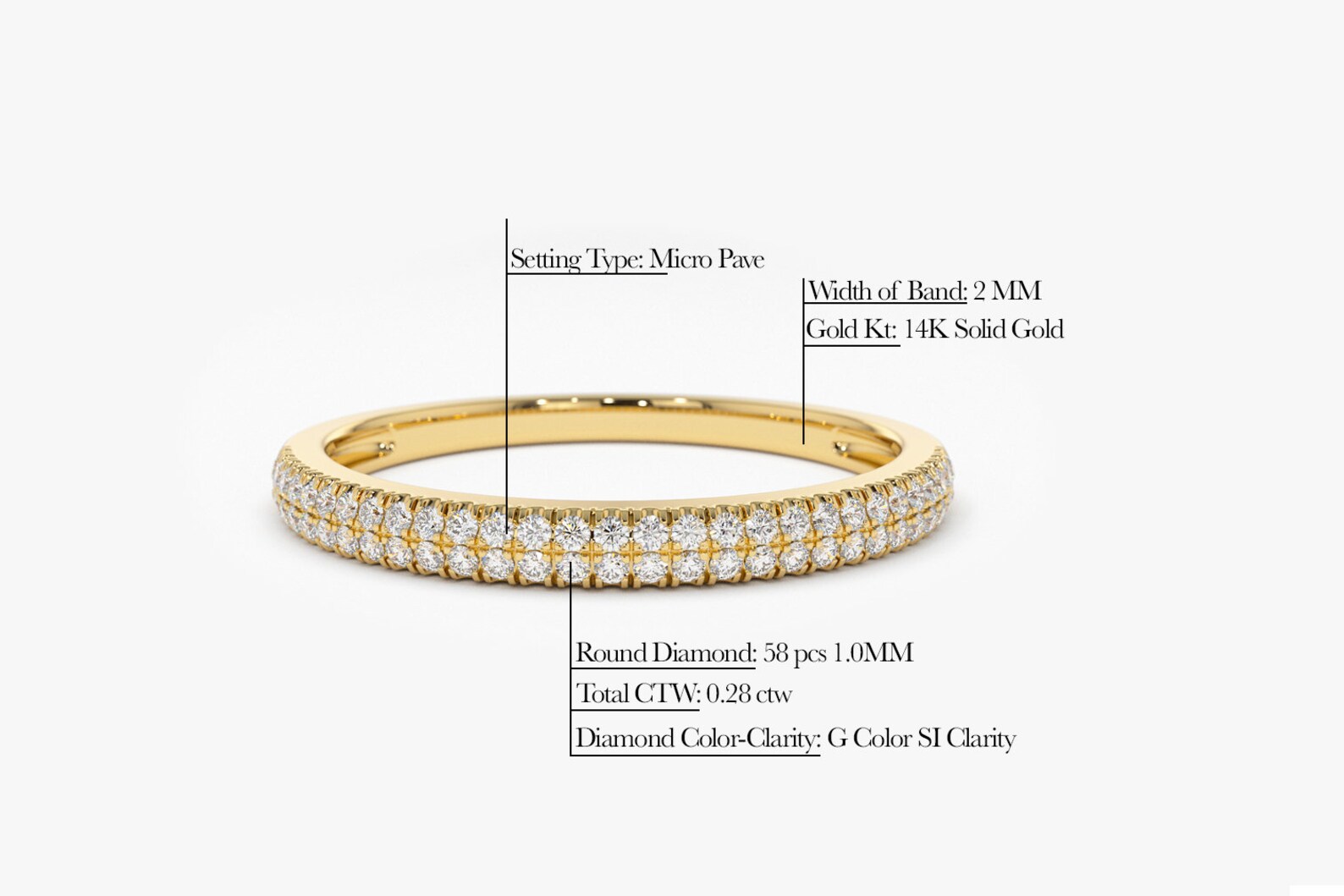 Half Eternity Diamond Wedding Ring / 14k Gold Double Row Micro Pave ...