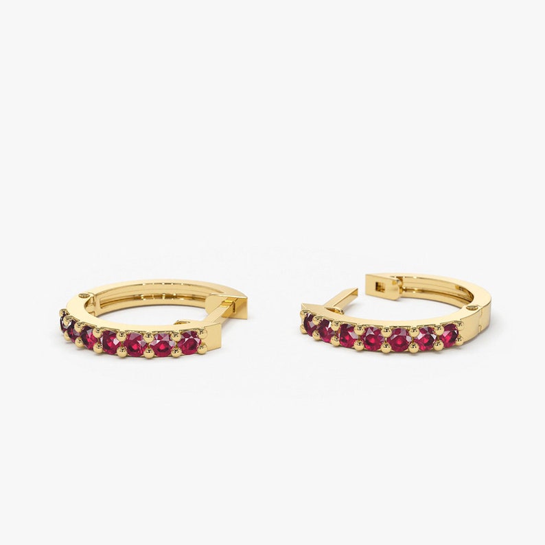 14k Gold 10MM Ruby Huggie Hoop Earrings Side Angle