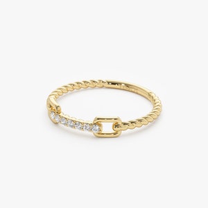 14k Gold Rope Braid Stack Ring with Micro Pave Diamonds Side Angle