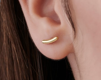 ピアス LESS IS MORE Single sale 14K gold cubic bar earrings 14k Solid Gold Tiny Rectangle Bar Stud Earring, Cartilage