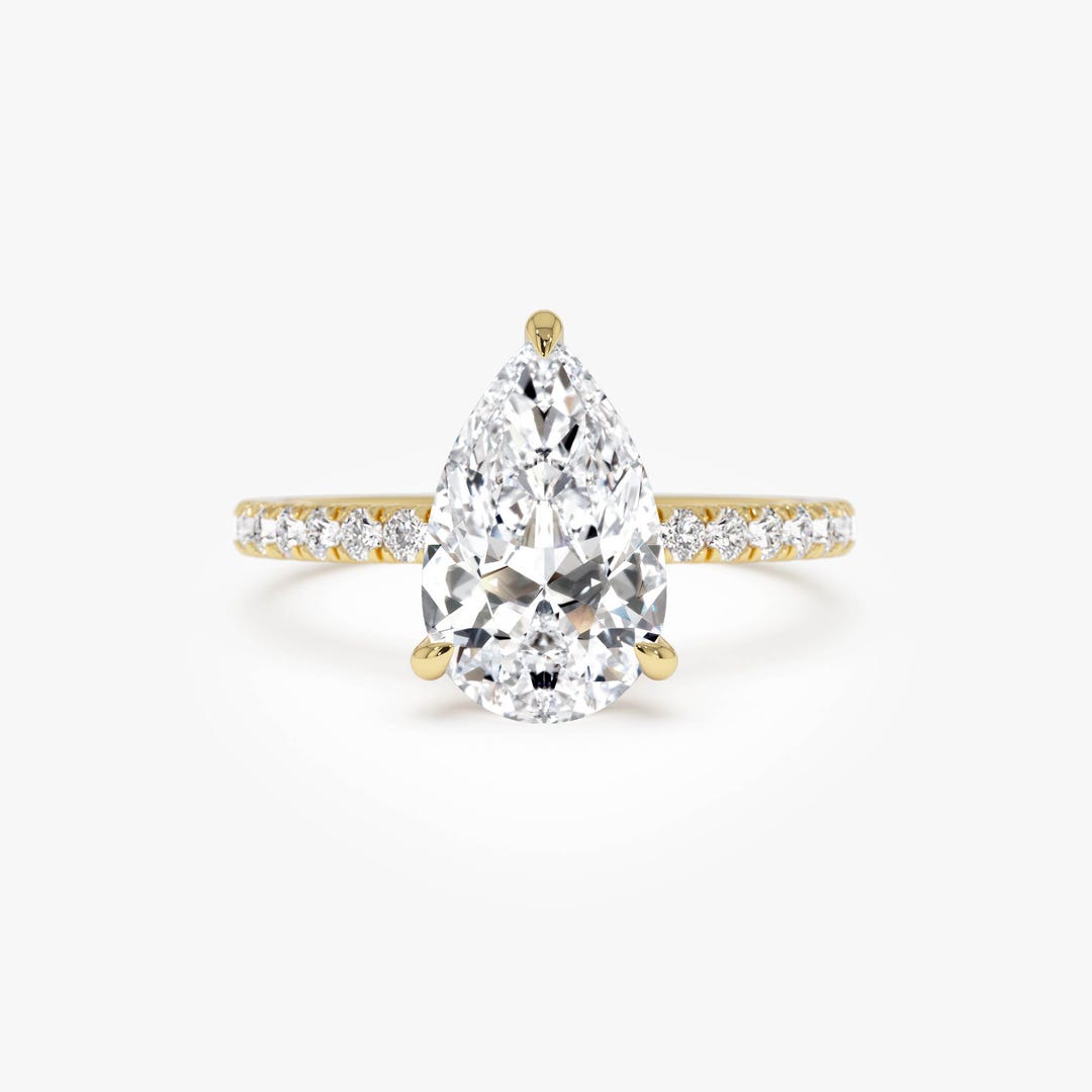 2.45 Ctw Lab Grown Pear Diamond Engagement Ring, 14k Yellow Gold Pavé ...