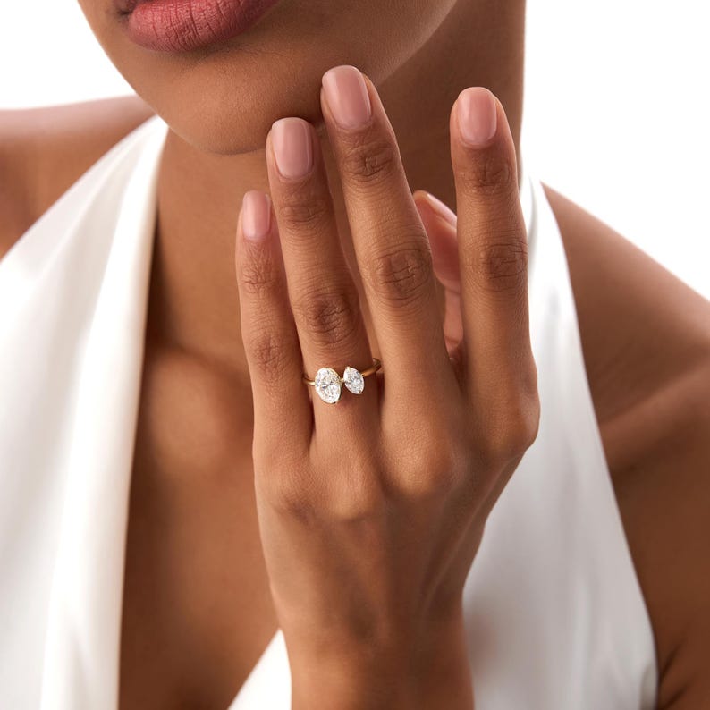 1.50ctw Lab Grown Diamond Toi et Moi Ring, 14k Gold Oval Shaped Unique Modern Lab Grown Diamond ring