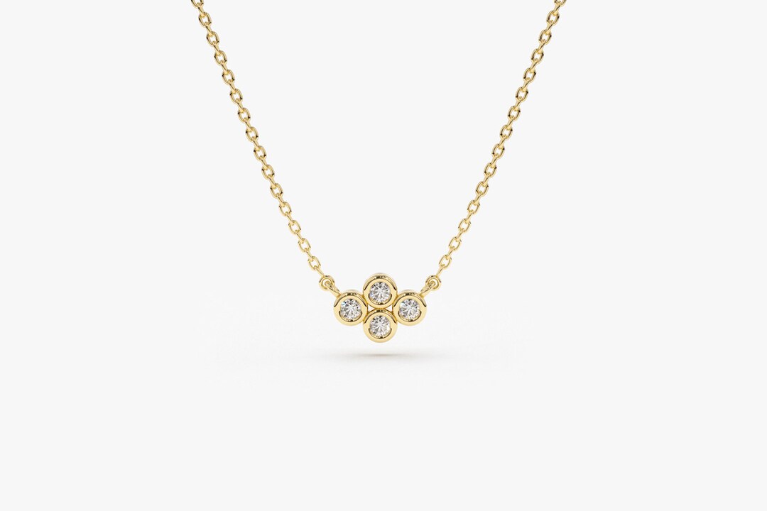 Dainty Gold Diamond Necklace/ 14K Solid Gold Four Stone Diamond Cluster