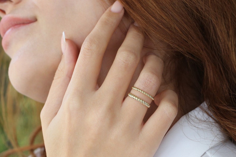 3 MM Gold Braided Twist Ring 14K Solid Gold Twist Rope Ring Twisted Rope Gold Wedding Band Dainty Stacking Ring by Ferkos Fine Jewelry