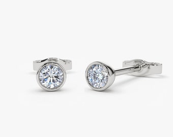 0.25 Ct Diamond Earrings / 1/4 Ct 14k Solid Gold Studs / Bezel Set