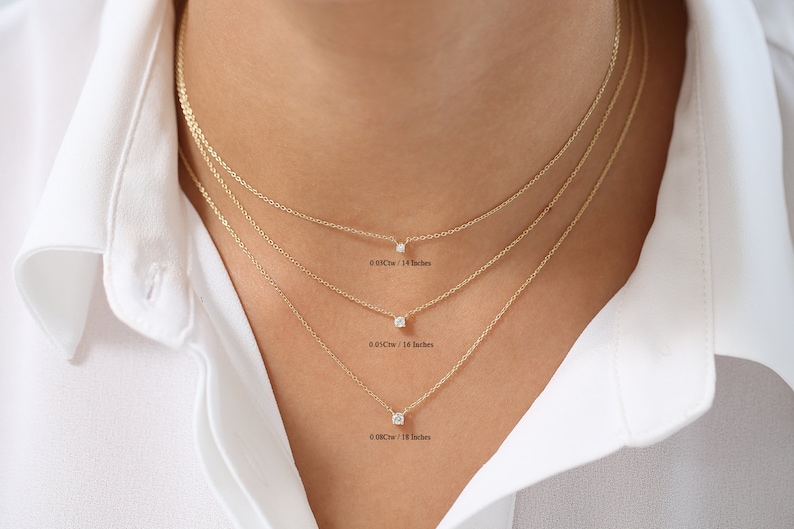 14k Gold Diamond Solitaire Necklace / 14k Gold Layered Diamond Necklace / Dainty Diamond Necklace / Diamond Prong Necklace / Bridal Set