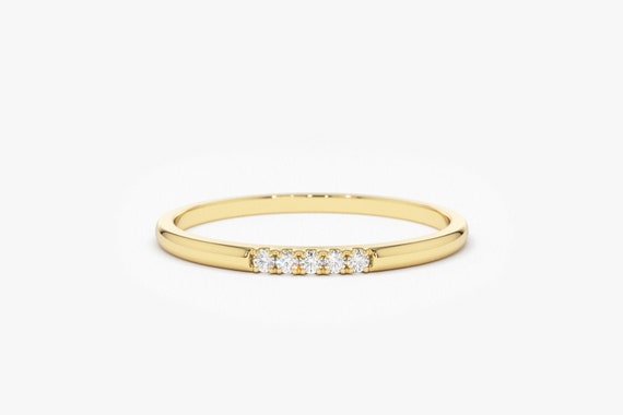14k Gold Diamond Wedding Band/ 5 Stone Yellow Gold Micro Pave Diamond Wedding Band/ Thin Diamond Wedding Ring/ Half Eternity Diamond Band