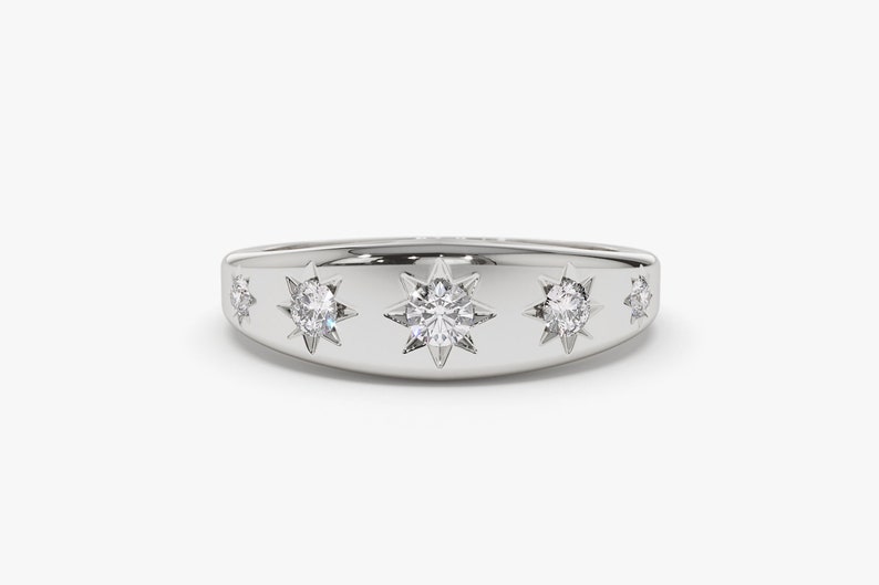 14k Solid White Gold Star Setting Graduating Diamond Statement Ring