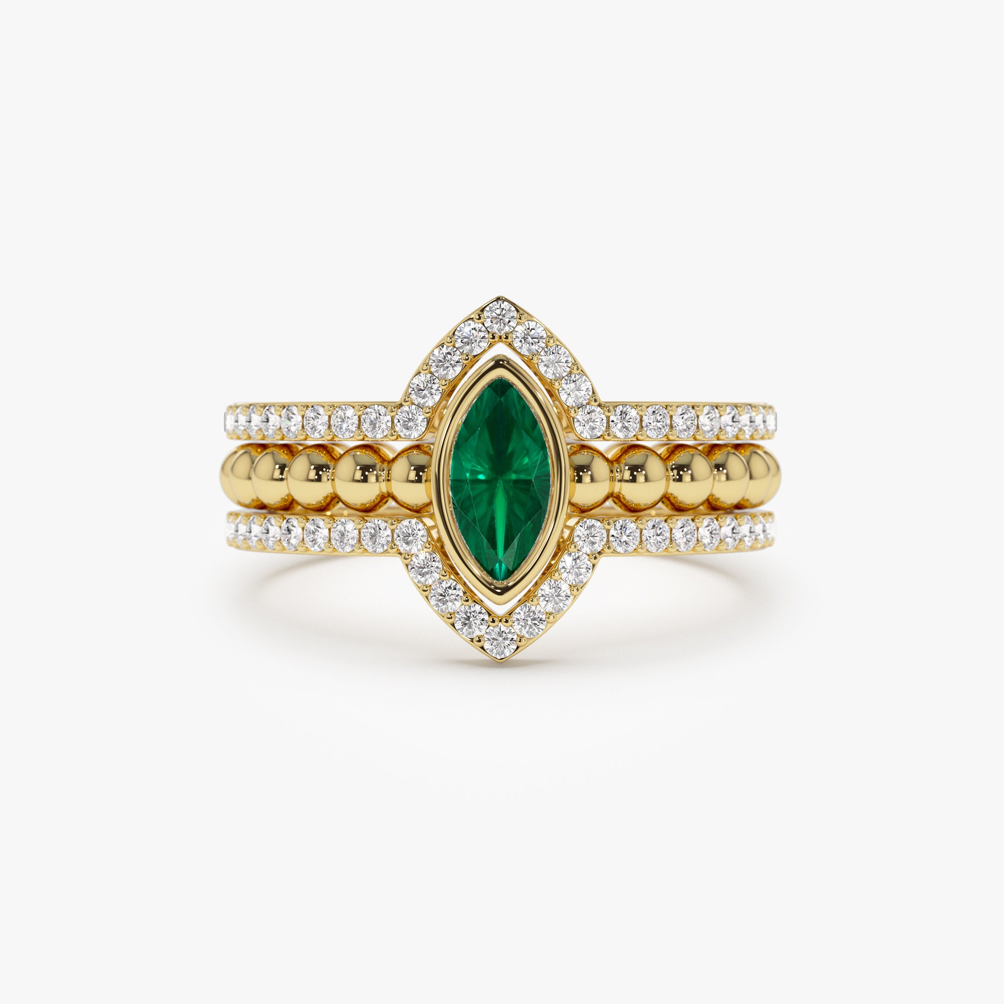 14k Gold Marquise Shaped Emerald Engagement Ring With Diamond Nesting ...