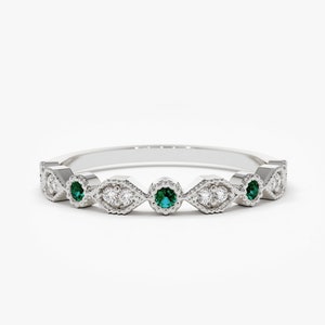 14k White Gold Stackable Emerald Diamond Ring