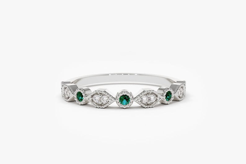 14k White Gold Stackable Emerald Diamond Ring