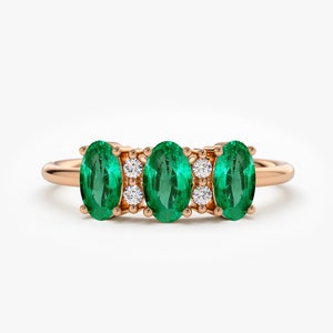 14k Solid Rose Gold Natural Genuine Emerald and Diamond Ring