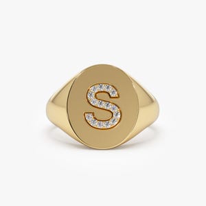 14K Solid Gold Personalized Oval Shape Diamond Signet Ring