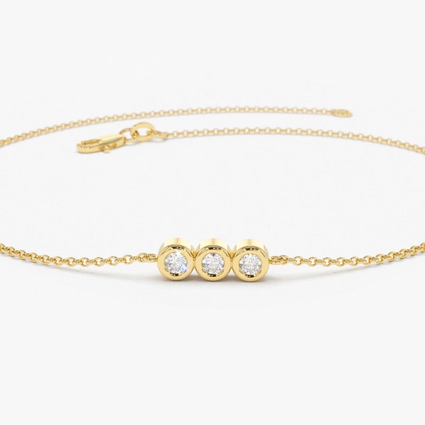 Diamond Bracelet with Thin Chain / Trio Diamond Bracelet in 14k Solid Gold in bezel setting / Diamond Bezel Bracelet / Birthday Gift