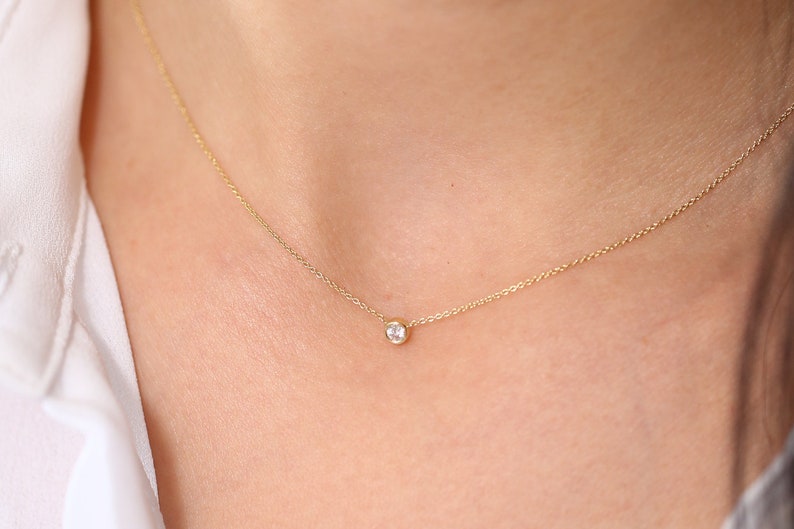 Diamond Solitaire Necklace/ 14k Gold 0.08 Ct. Dainty Diamond Bezel Set Necklace / Delicate Diamond Necklace / Layering Diamond Necklace