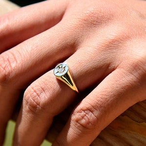 Diamond Signet Ring 14k Gold / Star Setting Diamond Signet Ring / Gold Signet Ring / Pinky Signet Ring