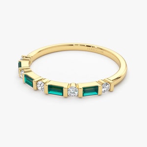 14k Solid Gold Natural Emerald Baguette and Genuine Round Diamond Stackable Womens Wedding Ring Angle View