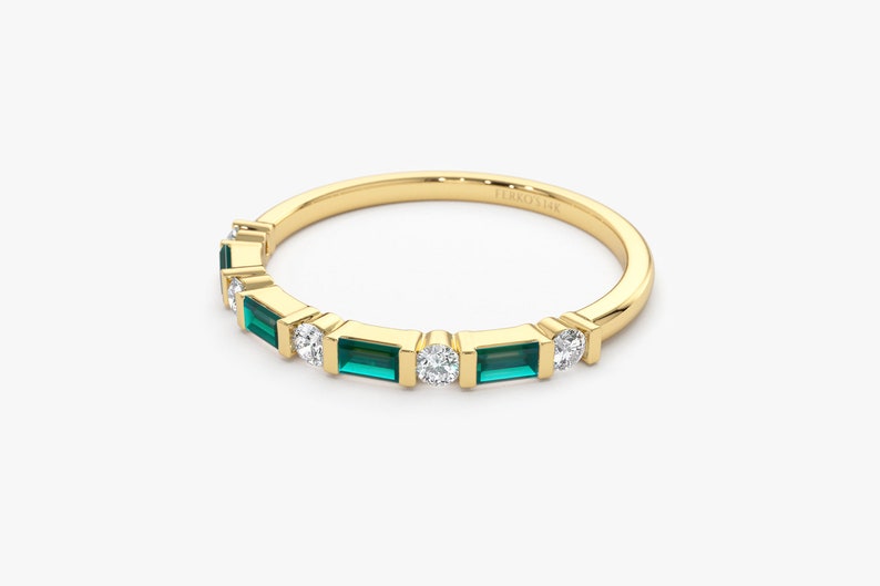 14k Solid Gold Natural Emerald Baguette and Genuine Round Diamond Stackable Womens Wedding Ring Angle View