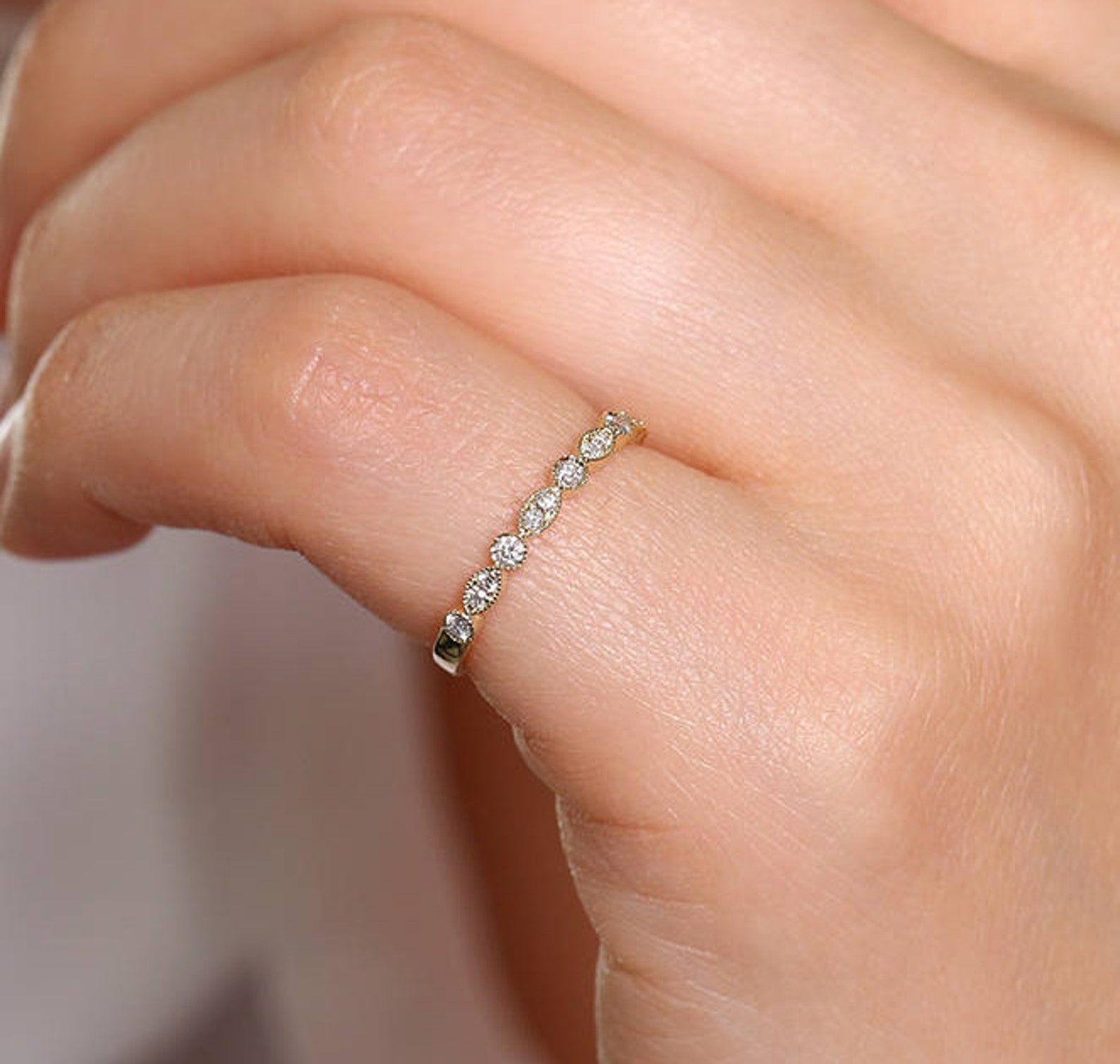 Unique Diamond Wedding Band / 14k Round and Marquise Diamond - Etsy