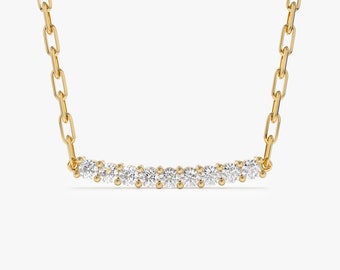 Diamond Bar Necklace, 14k Curved Diamond Paperclip Necklace, Gold Paperclip Chain, Diamond Layering Necklace, Layering Paper Clip Necklace