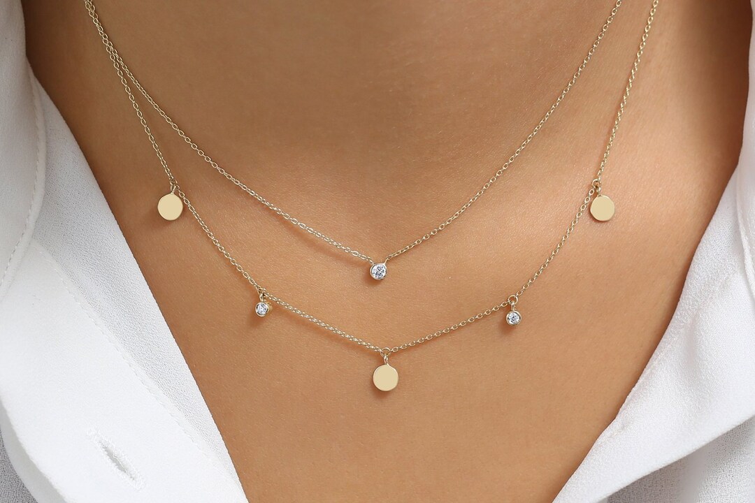 Dangling Diamond Necklace With Dangling Gold Disc in 14k Dangling Diamond Necklace With Dangling Gold Disc in 14k