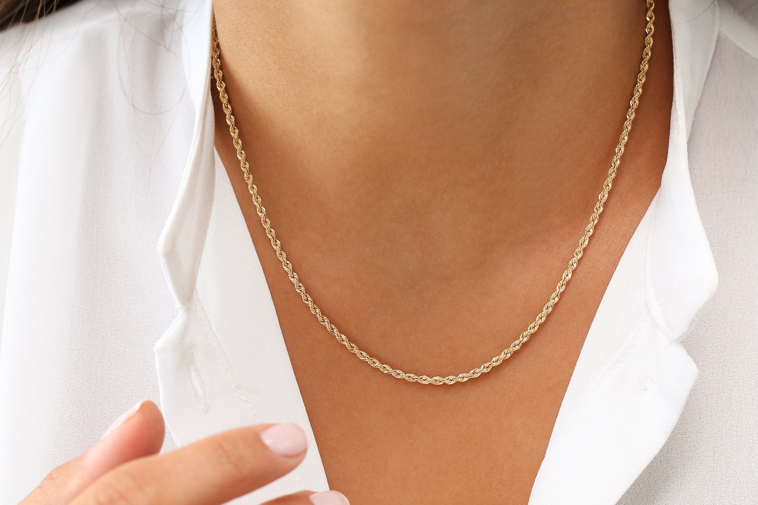 Gold Rope Chain Necklace in Yellow, Rose or White Gold