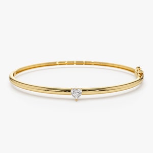 Heart Shape Solitaire Bracelet, 14k Gold Diamond Bangle Bracelet, Heart Shaped Diamond, Friendship Bracelet Gift for Best Friend
