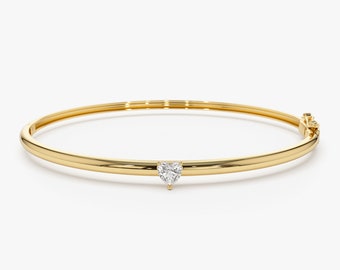 Heart Shape Solitaire Bracelet, 14k Gold Diamond Bangle Bracelet, Heart Shaped Diamond, Friendship Bracelet Gift for Best Friend