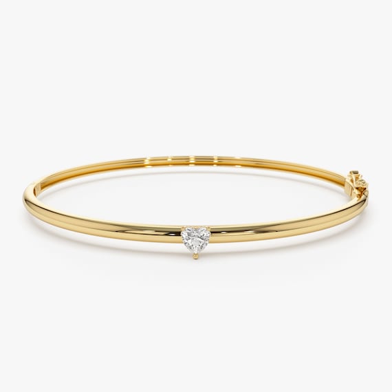 Heart 14k Gold Bangles Heart Shape Solitaire Bracelet, 14k Gold