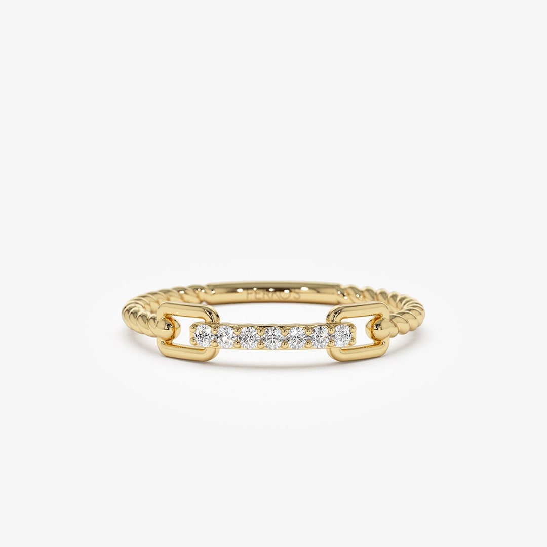 14k Gold Rope Braid Stack Ring With Micro Pave Diamonds Handcrafted