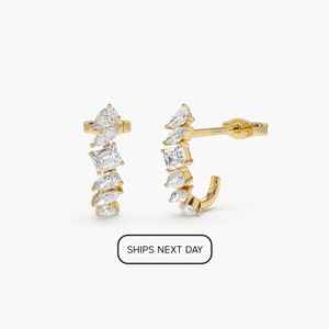 14k Gold Mixed Diamond Shapes Statement Stud Earrings Ships Next day