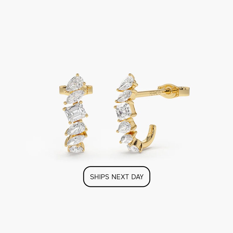 14k Gold Mixed Diamond Shapes Statement Stud Earrings Ships Next day