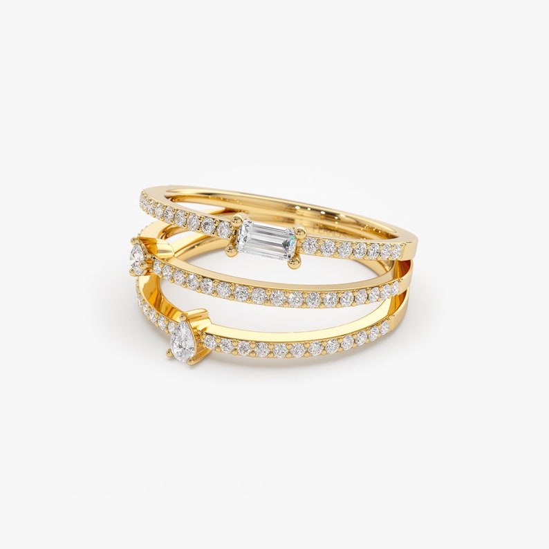 Stackable Ring / 14k Gold Triple Row Mix Diamond Statement - Etsy