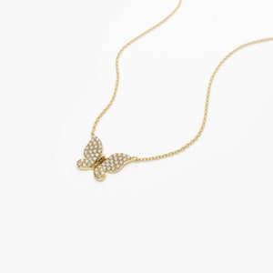 14k Gold Pave Diamond Butterfly Pendant Necklace