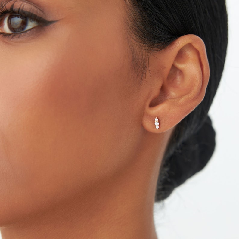 14k Triple Diamond Stud Earrings, Small Round Diamond, Daggering Diamond Studs, Small Dainty Stud Earrings, Solid Gold Earrings