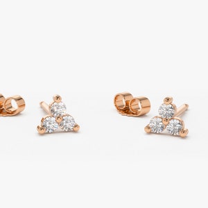 14K Rose Gold Round Cut Diamond Trio Tiny Stud Earrings