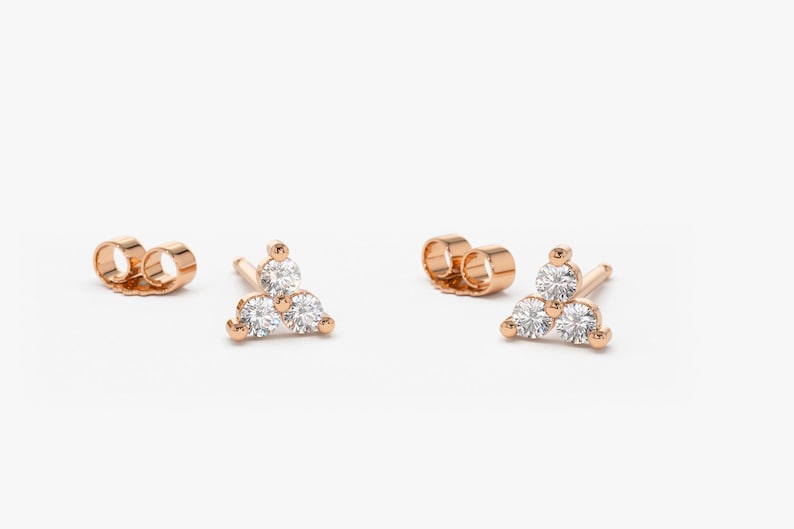 14K Rose Gold Round Cut Diamond Trio Tiny Stud Earrings