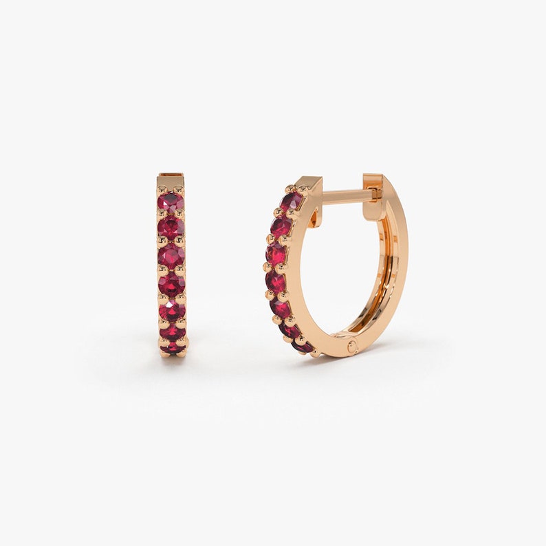14k Rose Gold 10MM Ruby Huggie Hoop Earrings