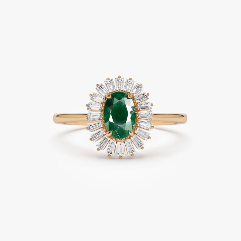 14K Solid Rose Gold, Halo Emerald ring