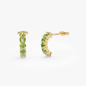 Peridot Hoop Earrings, 14K Yellow Gold Prong Set Half Hoops, August Birthstone Jewelry, Dainty Green Gemstone Earrings for Women