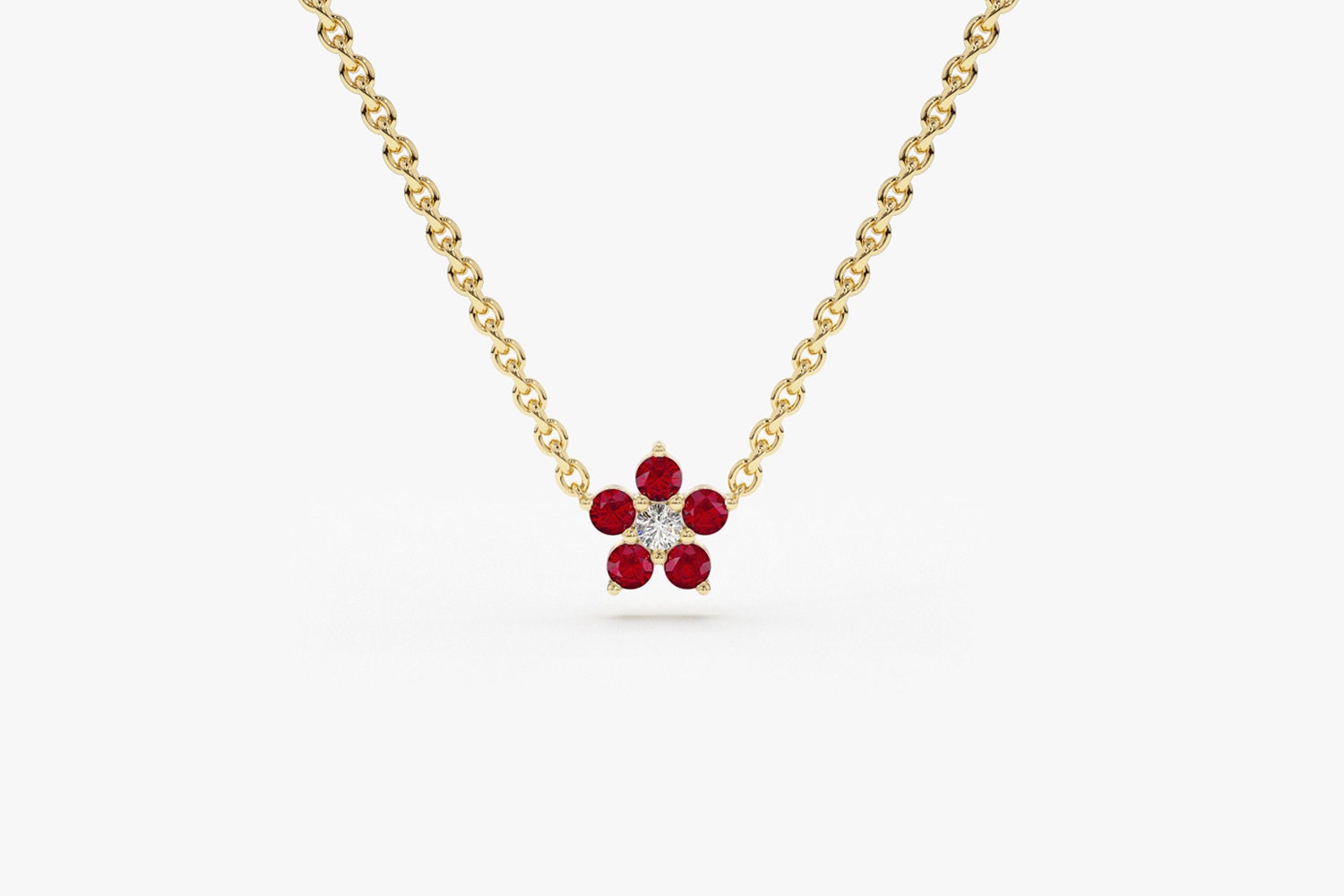 14K Ruby & Diamond Necklace For Women/Gold Cluster Dainty Chain Flower Design