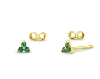 Emerald Earrings / Tiny Emerald Trio Stud Earrings in 14k Gold / Natural Emerald Studs / Tiny Stud Earrings / May Birthstone / Gift for Her