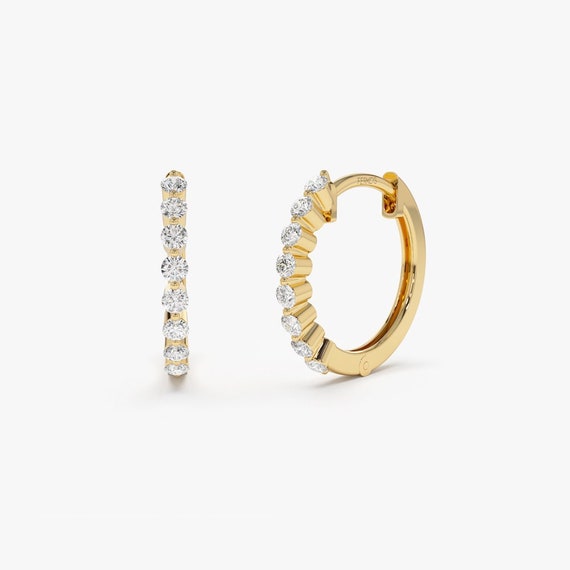 Diamond Earrings / 14k Solid Gold Shared Prong Diamond Hoop - Etsy